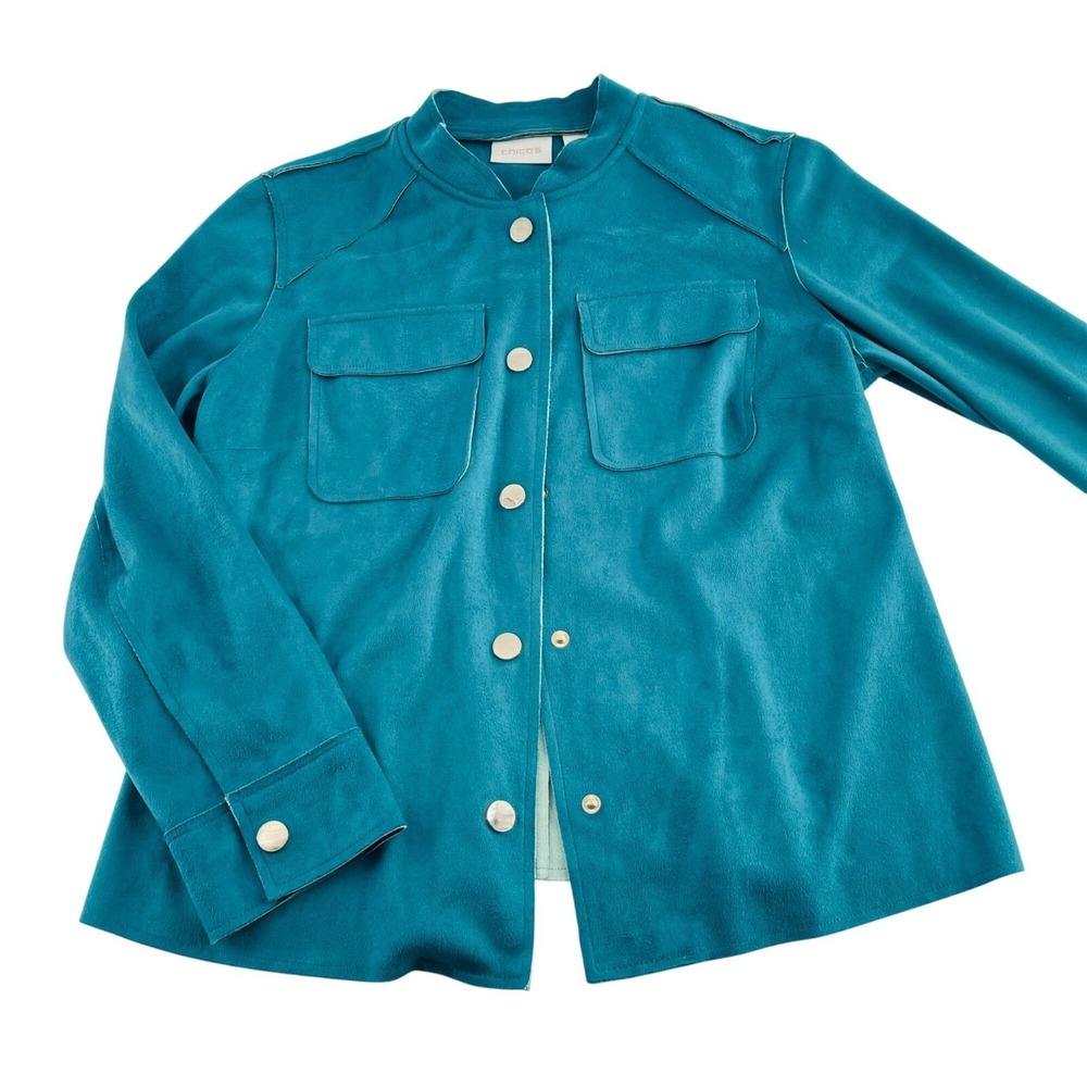 Chicos‎ Mandarin Collar Teal Jacket Size 0 small Polyester faux suede